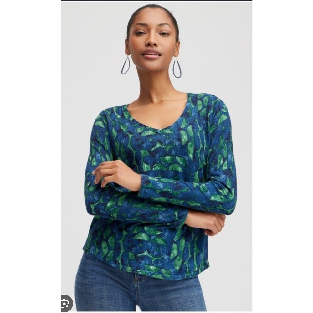 Chico's Women’s Size 3 XL Pullover Sweater Green Blue Twisted Ivy Print - NEW